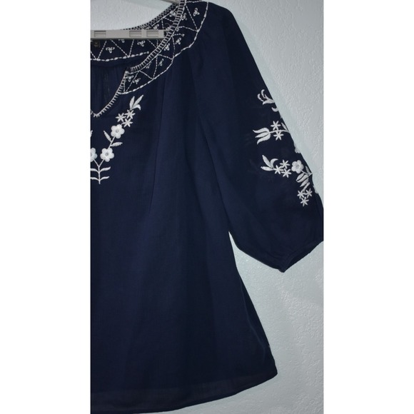 TALBOTS 1X Cotton Navy Blue White Embroidery 3/4 Sleeves Gauze Peasant Boho Top - Picture 13 of 16
